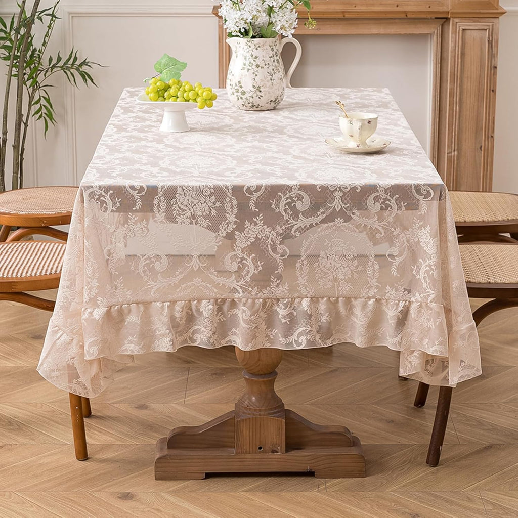Cream Beige French Lace Ruffle Tablecloth 60 x 102 Inch with Ruffled Edge, Fits Round and Rectangula