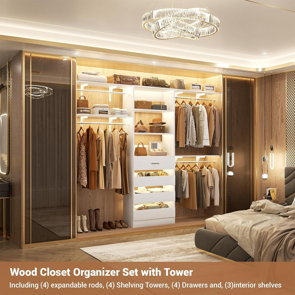Closet System with 4 Drawers, 8FT Wood Closet Organizer System, 96'' Closets Built In System Tower with Shelves