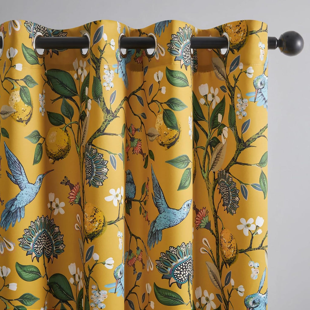 Bright Yellow Kitchen Valances 24 Inches Long Vintage Botanical Garden Hummingbird Thermal Insulated Faux Silk