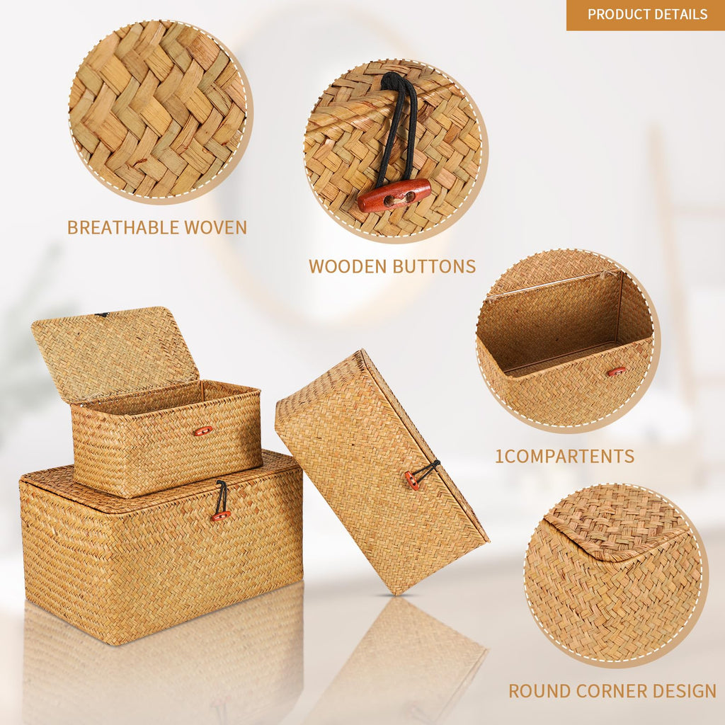 Wicker Shelf Basket with Lids, Seagrass Storage Baskets Bins Rectangular Woven Baskets Boxes for Organizing