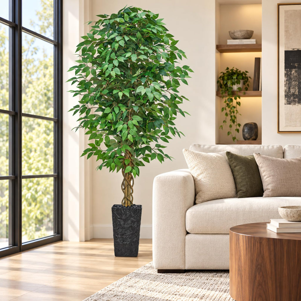 Artificial Ficus Tree 7FT, Large Fake Tree Decor (Black Planter)