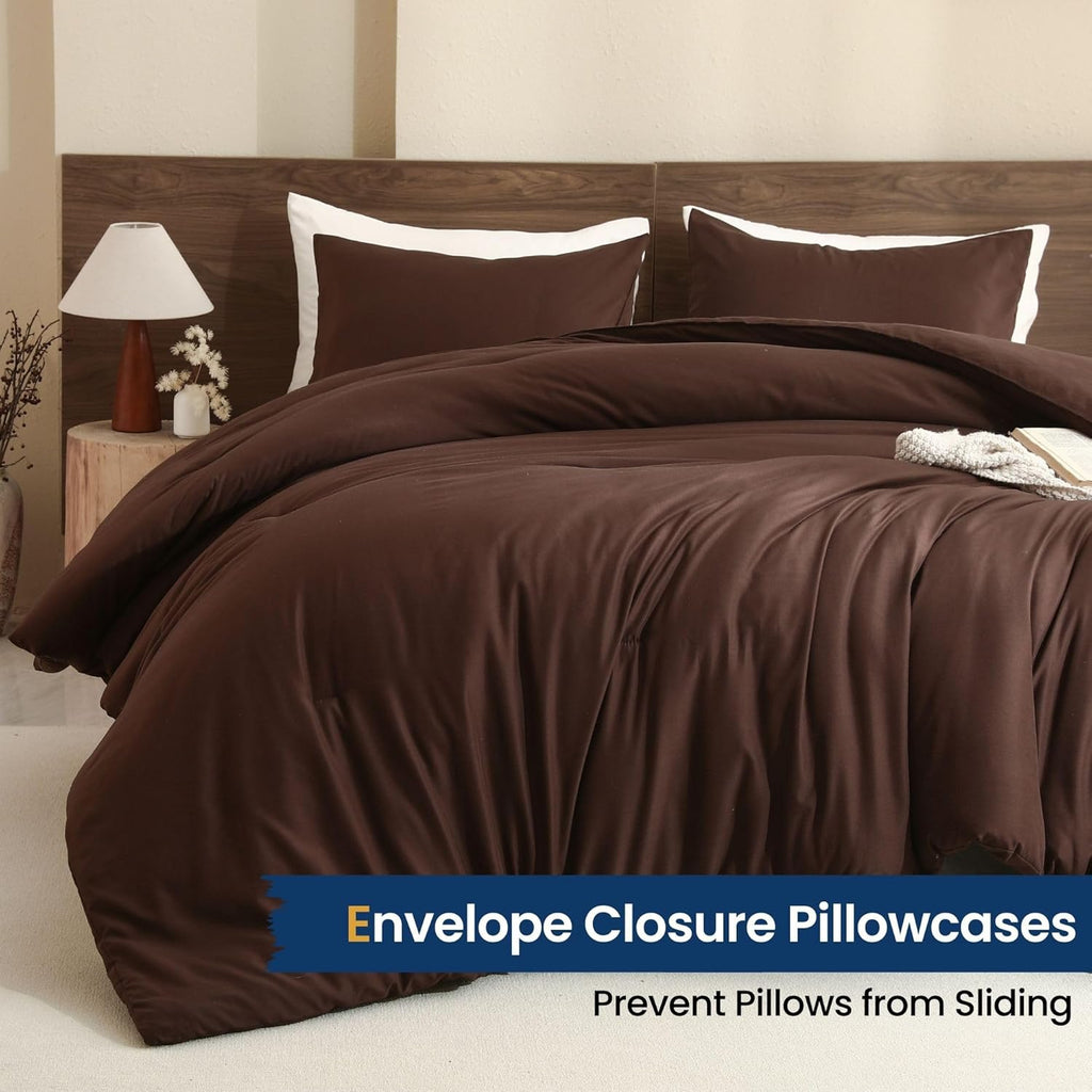 Earthy Brown Comforter, Neutral 3 Pieces Comforter Set, Lightweight Solid Bedding Set