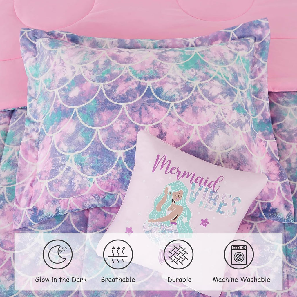 Comforter Set for Girls-3 Pieces Mermaid Glow in the Dark Bedding Sets for Kids, 1 Comforter, 1 Sham and 1