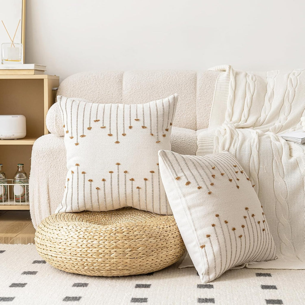 Boho Throw Pillow Covers 18x18 Set of 2 Neutral Decorative Textured Cushion Case Farmhouse Pillowcase Modern Square