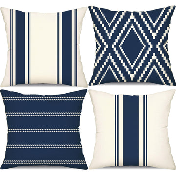 Outdoor Navy Blue Waterproof Geometry Pillow Covers 18x18 Set of 4