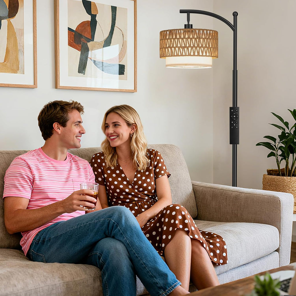Arc Floor Lamp with Remote, Boho Standing Lamp with Rattan & Linen Shades, Color Temperature & Dimmable Bulb