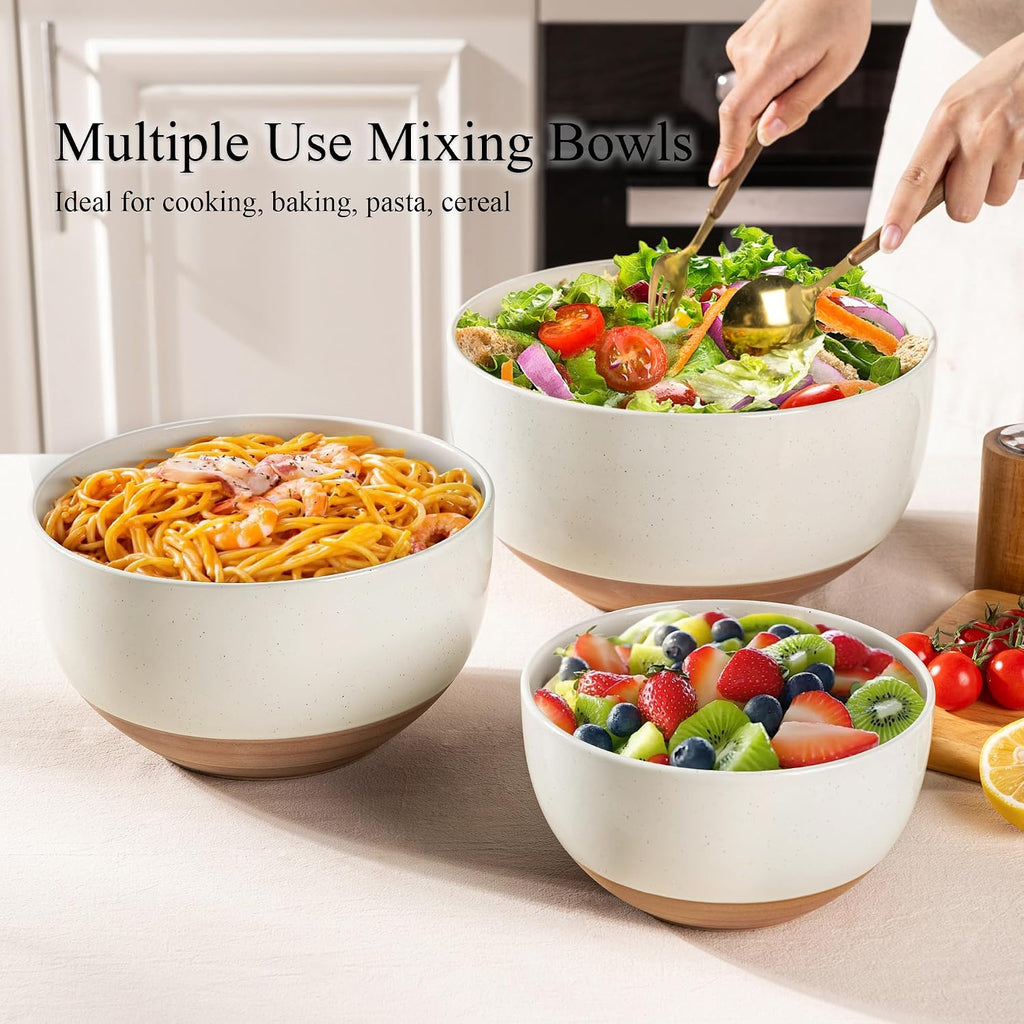 Ceramic Mixing Bowls|Nesting Bowls Set of 3 |Stoneware Serving Bowls with Rustic Terracotta Underside for