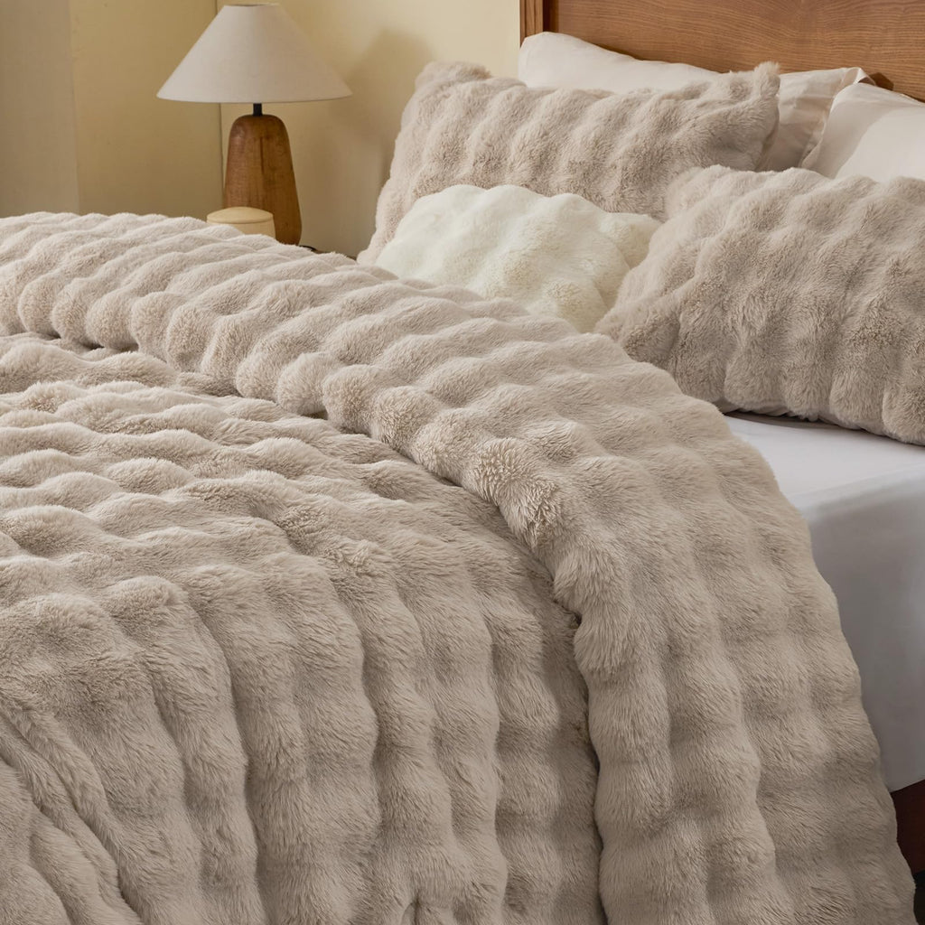 Faux Fur Comforter Set, Thick Winter Comforter, Khaki
