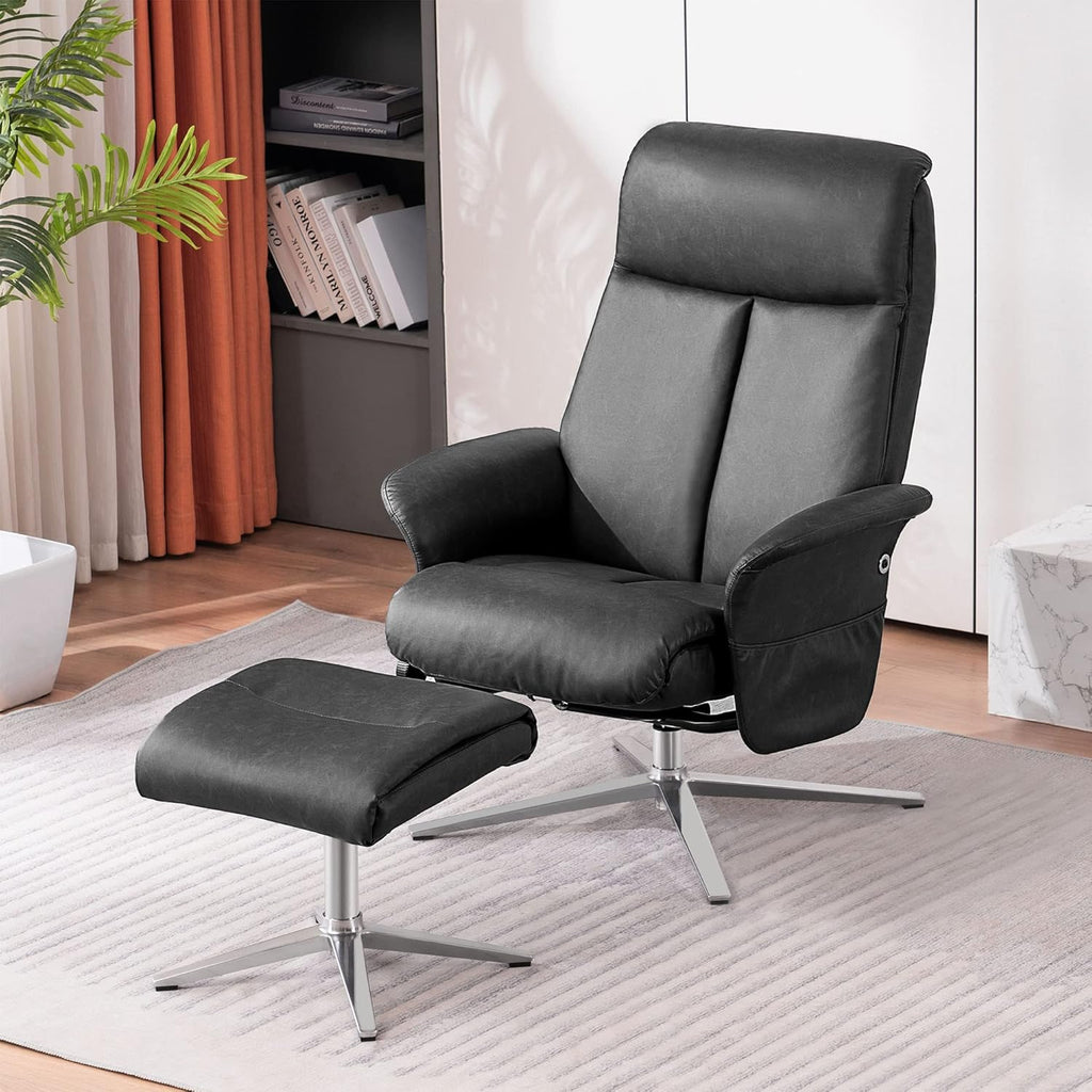 Modern Reclining Swivel Lounge Chair and Ottoman — Grey Faux Leather