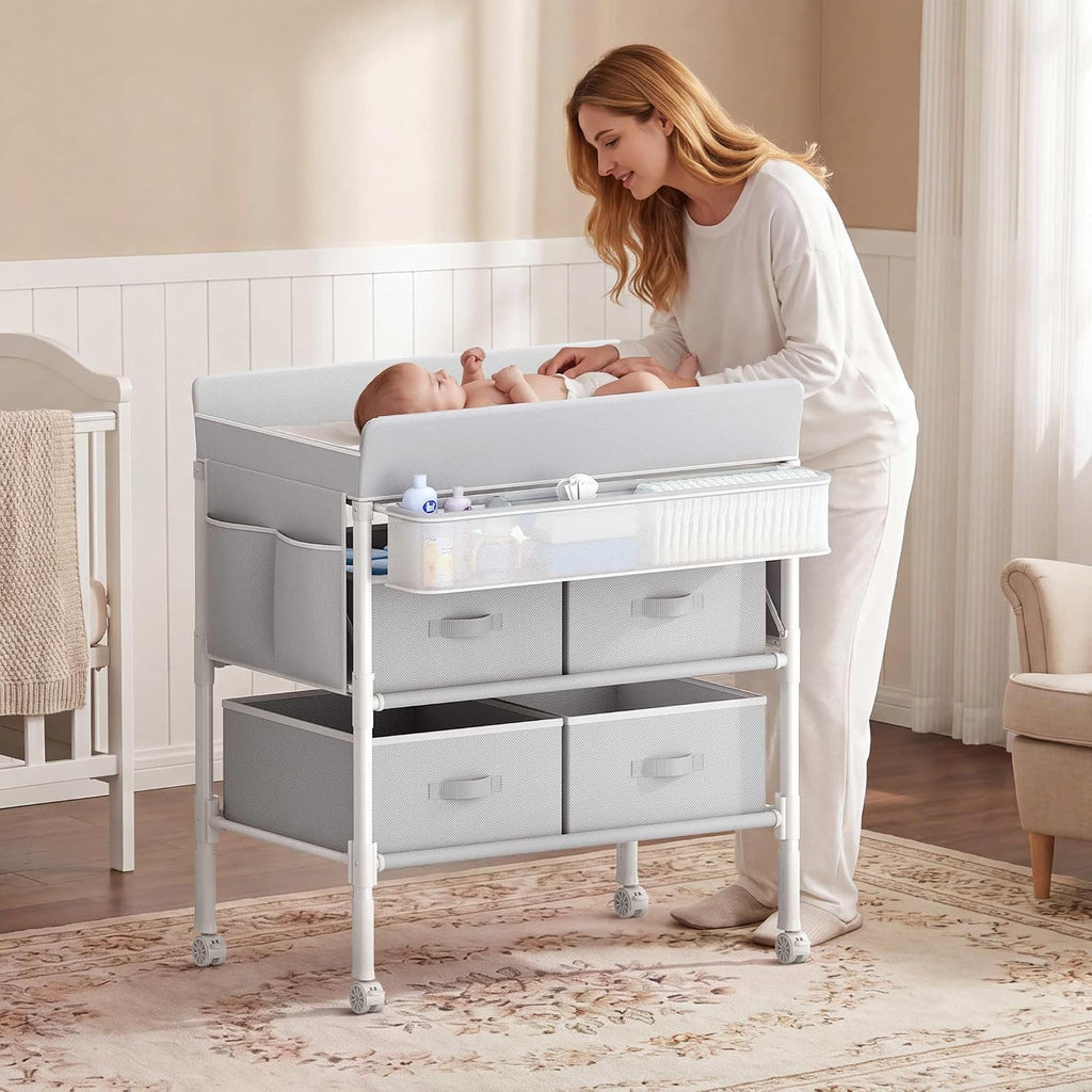 Baby Changing Table with 4 Drawers, Waterproof Diaper Changing Station with Storage, Adjustable Height Baby Changing