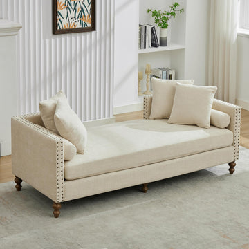 75.2" W Retro Oversized Chaise Lounge Chair Indoor with Left & Right Armrest, 6 Pillows, Solid Wood Legs, Beige