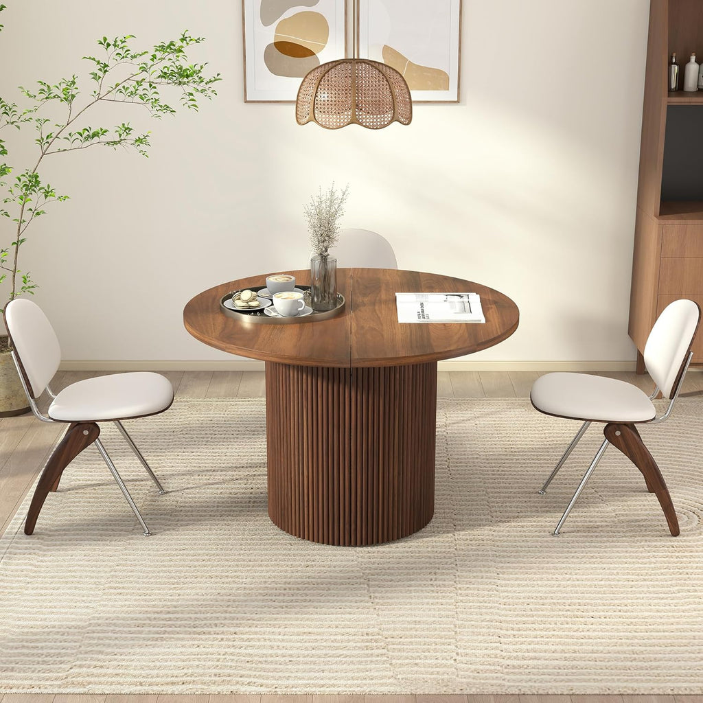 41 in-78 in Extendable Dining Room Table for 4-8, Round Expandable Kitchen Table with Fluted Base, Modern Farmhouse