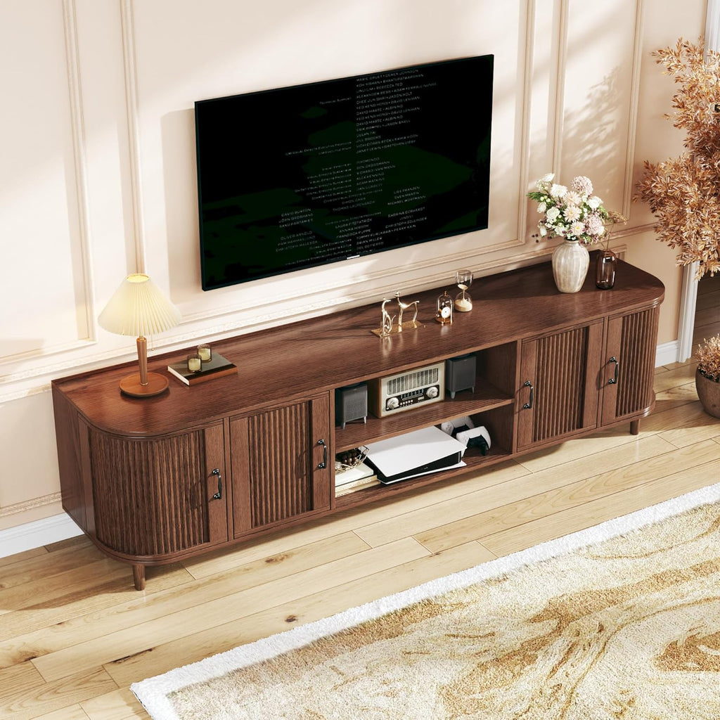 TV Stand for 75 inch TV, Mid Century Modern Entertainment Center for 55/60/65/75 inch TV, with Fluted Door Cabinets & Open Shelves, TV Consoles, Walnut