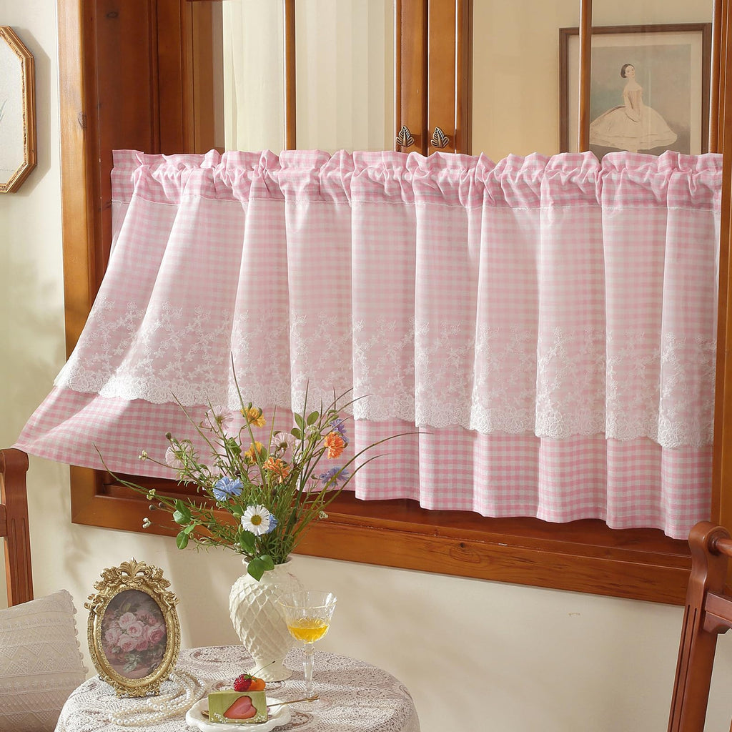 Pink and White Buffalo Check Plaid Window Valances Floral Lace Semi Sheer Kitchen Curtain Farmhouse Gingham Curtains