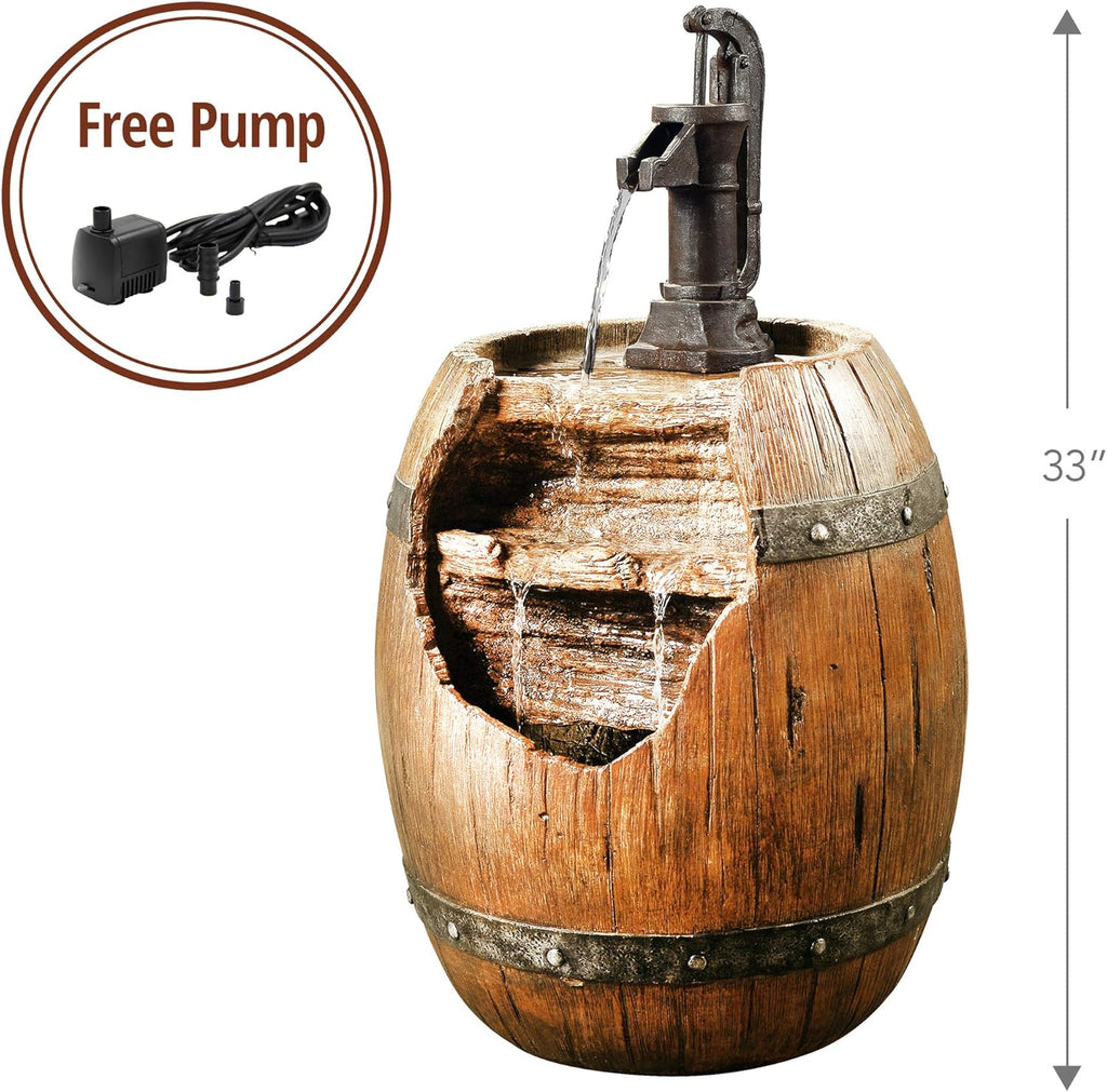 Vintage Barrel Waterfall Fountain with Pump Patio Garden Backyard Decking, 33 Inch Height, Wood