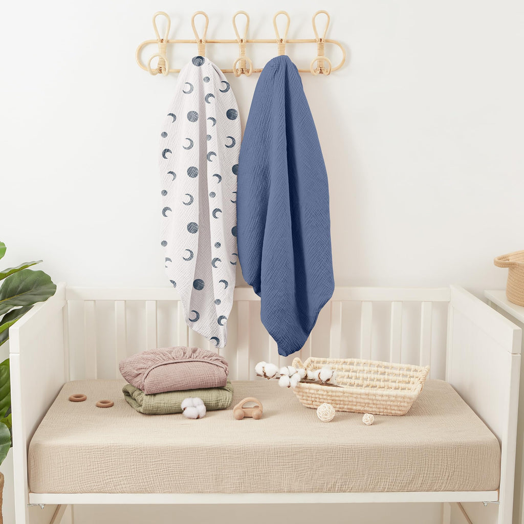 Muslin Mini Crib Sheets for Pack N Play Mattress - 100% Cotton - 38"x26" Soft Breathable Playard Baby Crib Sheets