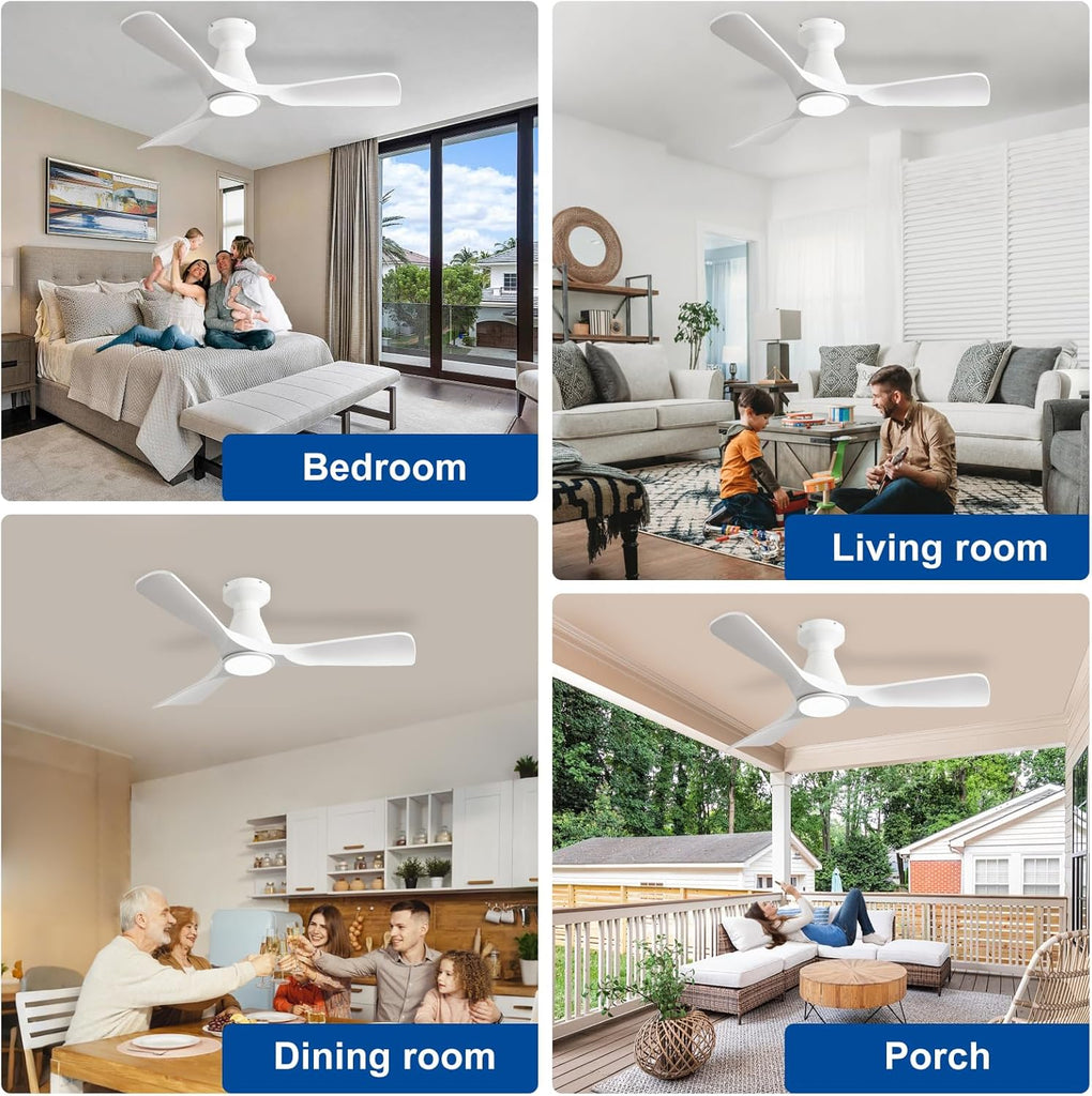 42-Inch Flush Mount Low Profile Ceiling Fan with Dimmable LED Light and Remote - White, 3 Blade, Ultra Quiet DC Motor