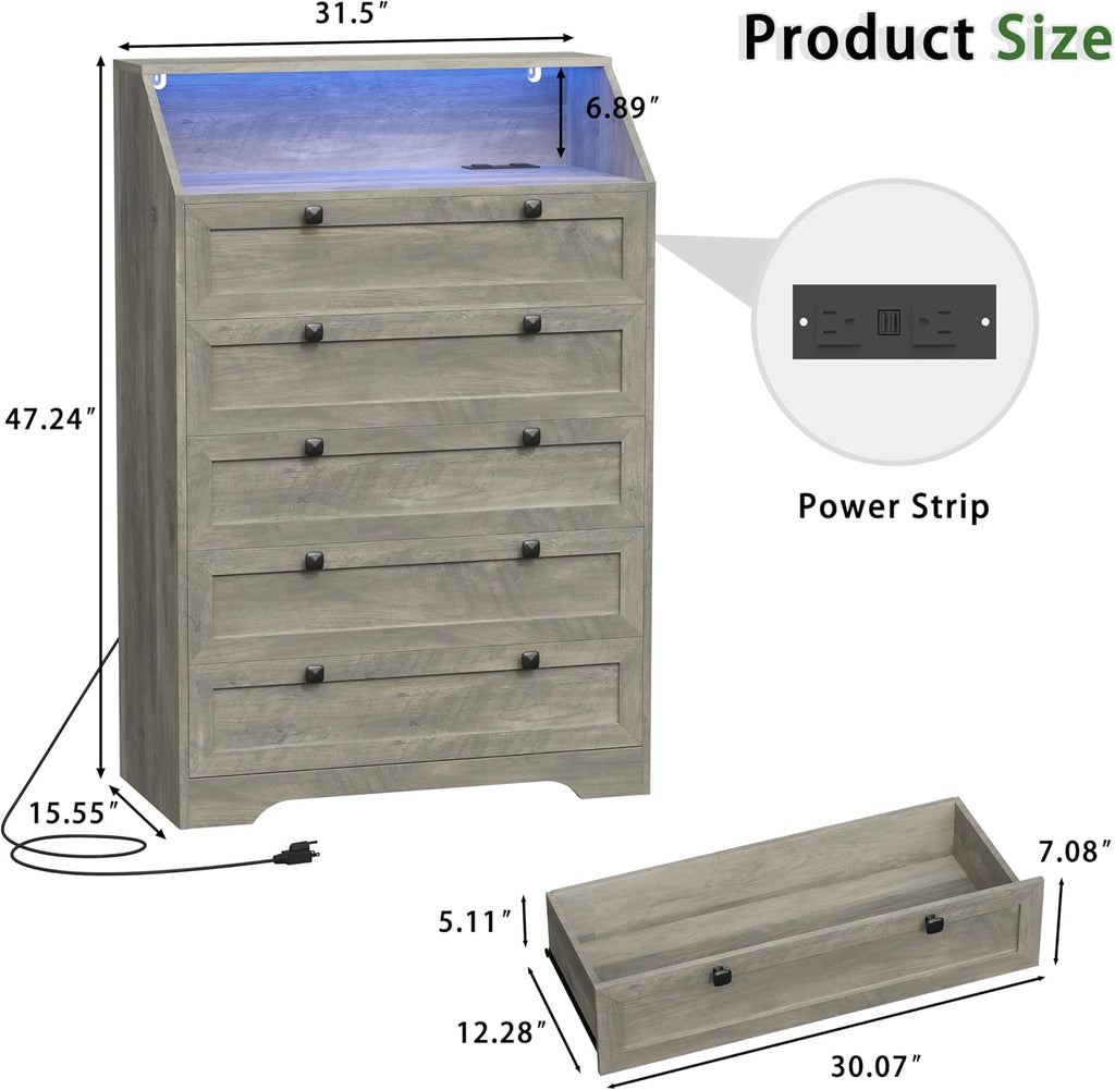 Grey Dresser Tall 5 Drawer Dresser , Wood Chest of Drawers with LED Lights, Charging Station, Metal Handles, Modern
