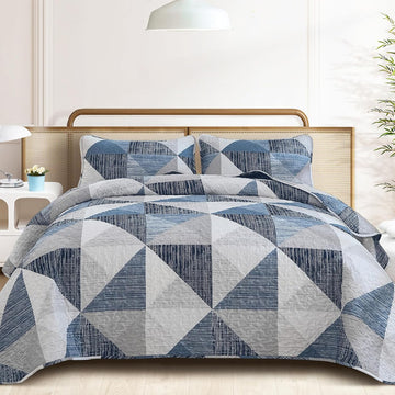 Quilt Queen Blue, 3 Pieces Patchwork Bedspread Bedding for Queen Bed, Soft Lightweight Microfiber Geometric Coverlet
