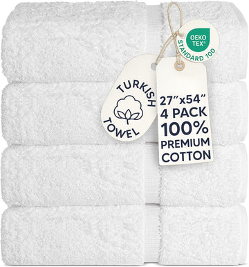 4 Piece Bath Towel Set, 100% Cotton Luxury Turkish Towels , Soft Absorbent Bath Towels, 27 x 54 Inches, White