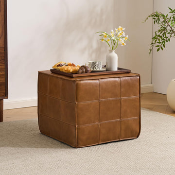Square Genuine Leather Pouf Ottoman, No-Assembly Modern Footrest (Tan)