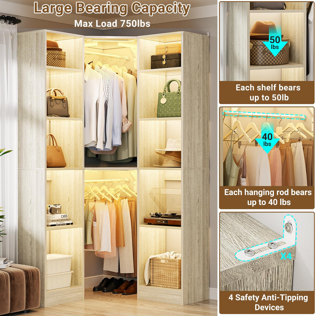 Corner Closet System with 2 Motion Sensor Lights, 39.2" Corner Closet Organizer with 12 Shelves, Closet System with 2