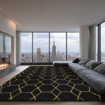 Fluffy Rug, Soft Modern Black and Gold Shag Area Rugs
