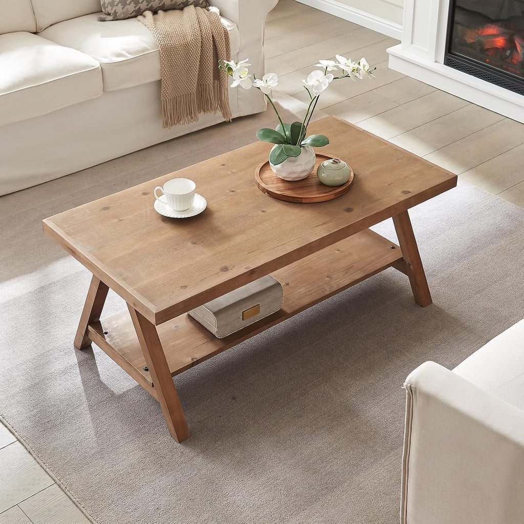 Farmhouse Coffee Table,Solid Wood Center Tables with Storage Shelves & Sturdy A-Shaped Legs