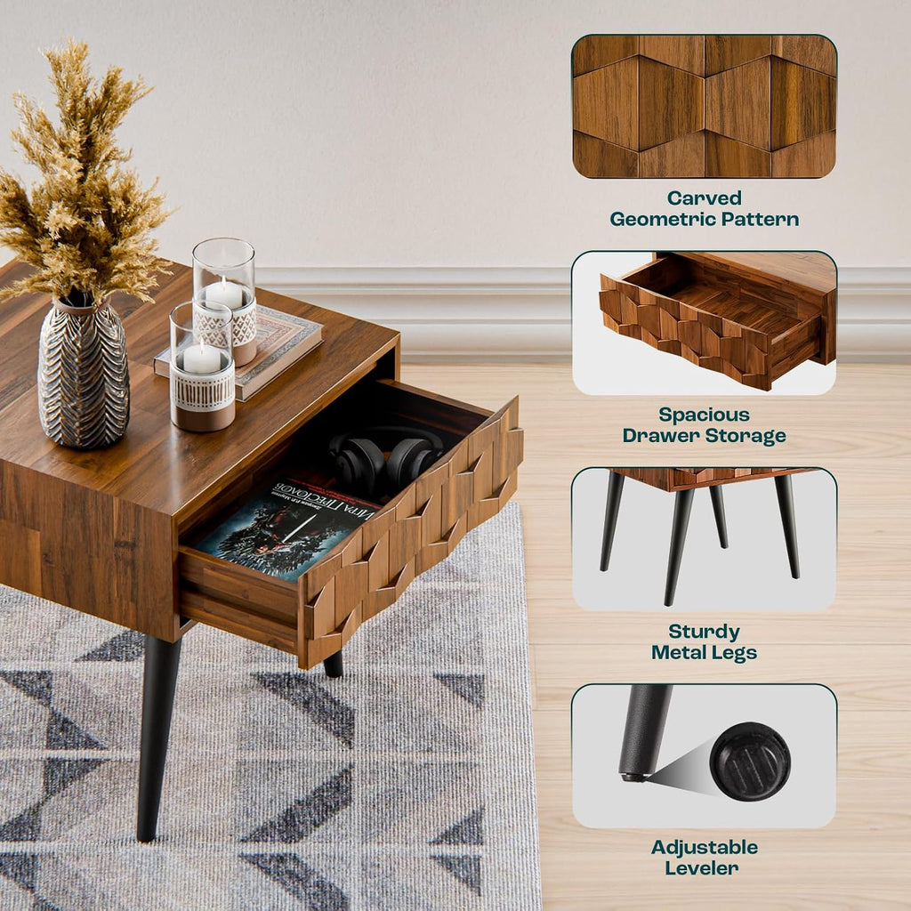 Georgina Solid Wood Nightstands with Drawers - Fully Assembled Rustic Geometric Pattern Bedside Cabinet - Mid Century