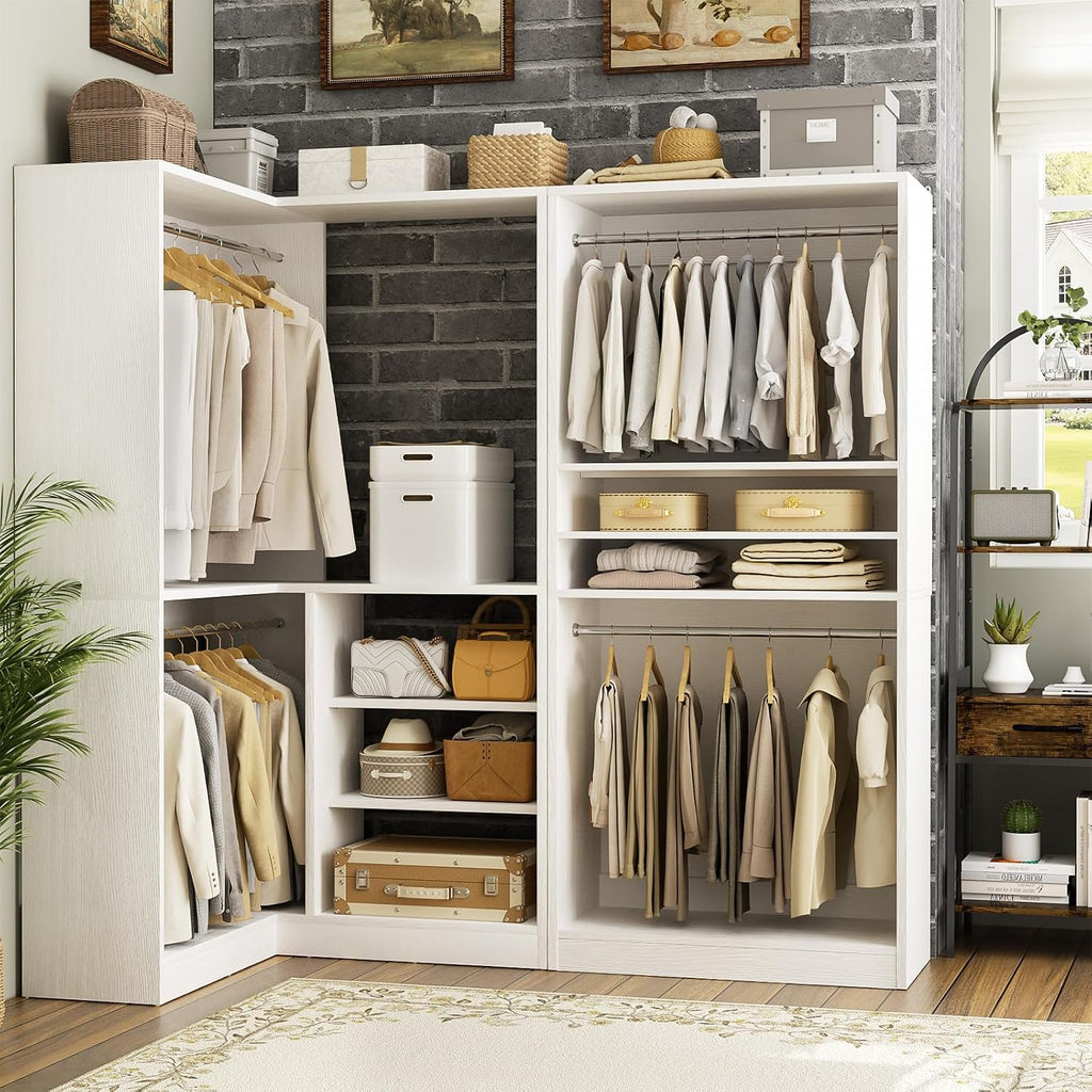 Corner Closet System, 72" L-Shaped Closet Organizer with 4 Hanging Rods, Heavy Duty Wood Garment Rack with Shelves