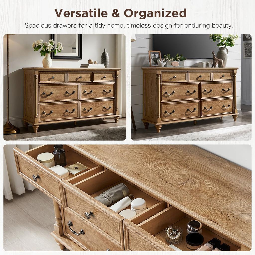 Farmhouse 7-Drawer Dresser with Solid Wood Feet, Light Tree Knot | 4 Solid Wood Feet, Decorative Solid Wood Column