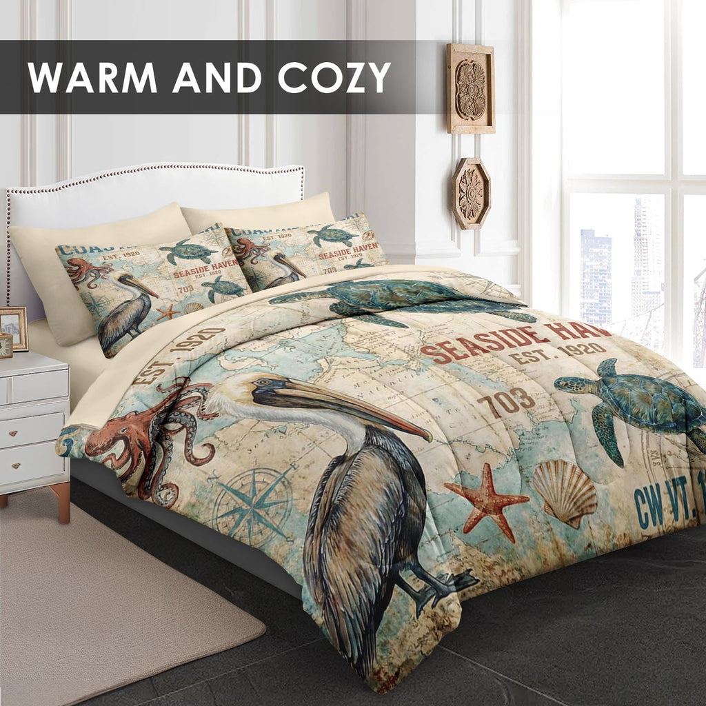 Queen Comforter Set with Sheets, 7 Pieces Coastal Nautical Bedding