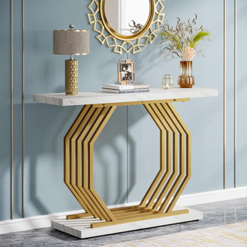 Gold Console Table, Faux Marble Entryway Table Narrow Sofa with Geometric Metal Base, 40 Inch Modern Accent Entrance