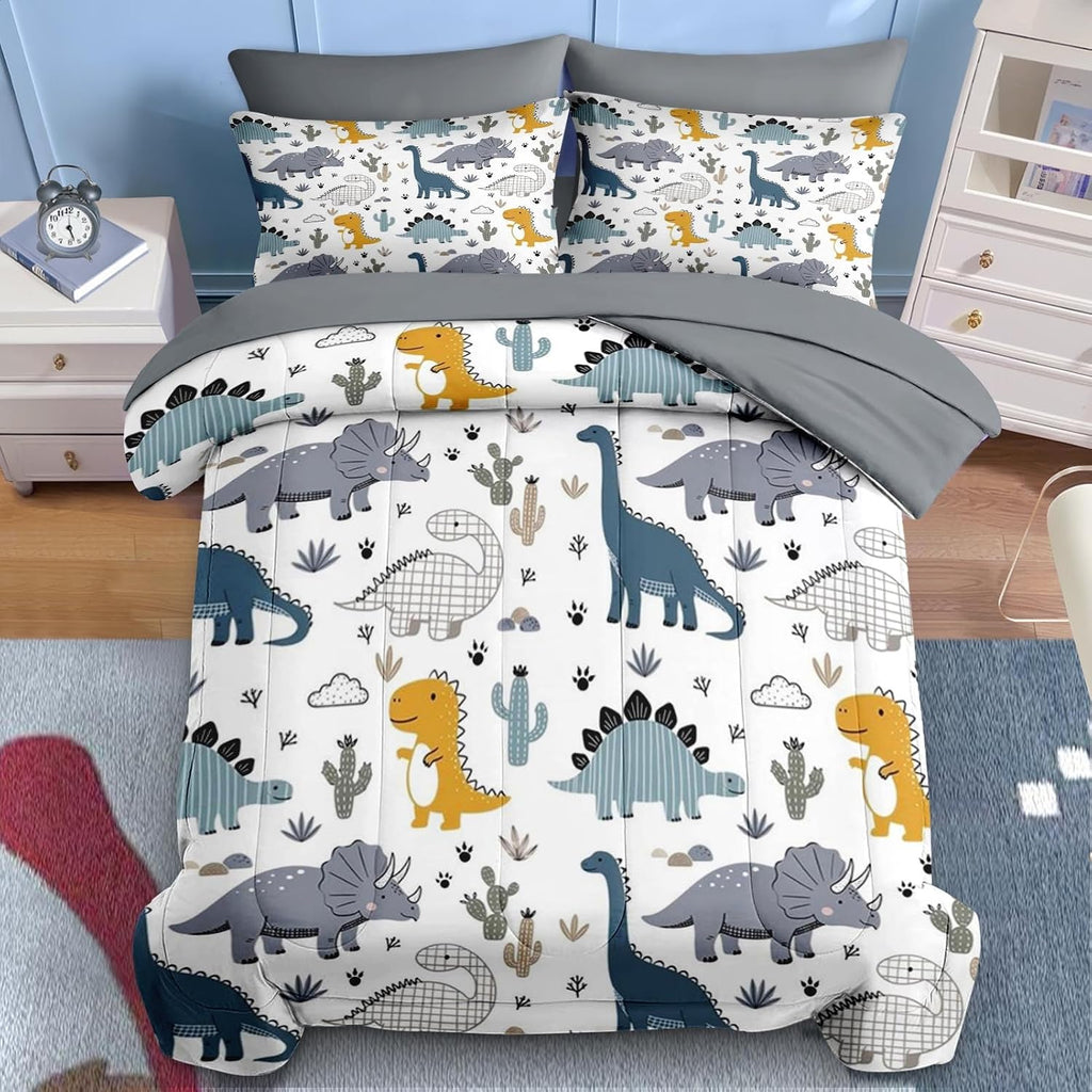 7 Pcs Comforter Set, Cute Dinosaur Dino Bedding for Kids Teen, Blue Yellow Dragon with Fitted Sheet 2