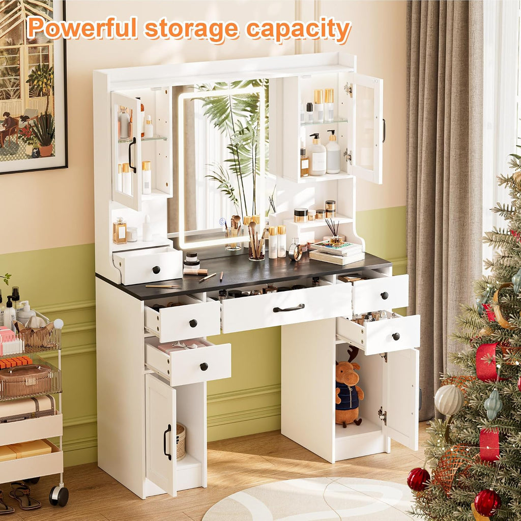 Vanity Desk with LED Lights Mirror & Power Outlet, Makeup Vanity Table Set with 3 Lights Modes, Dressing Table for