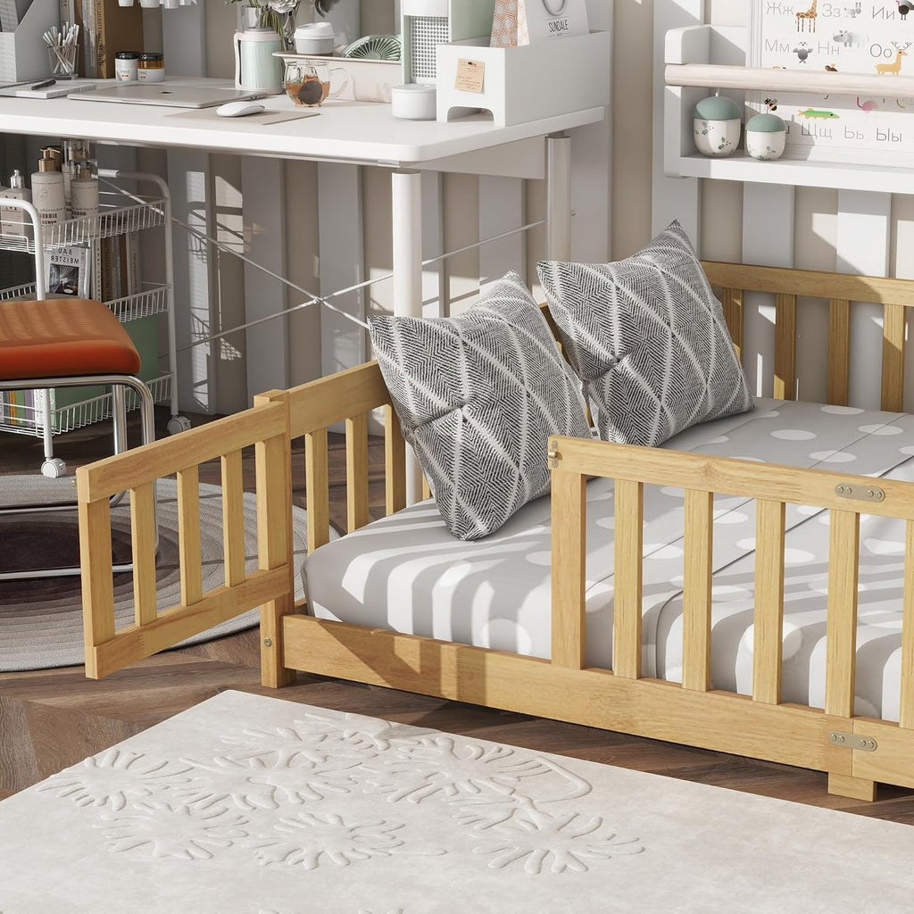 Full Size Montessori Floor Bed with Slats, Door and Guardrails, Natural | Low Profile Montessori Bed with Fence, Easy