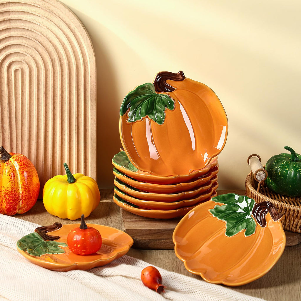 8 Pcs 5.91'' Ceramic Pumpkin Plates Fall Appetizer Dishes, Orange