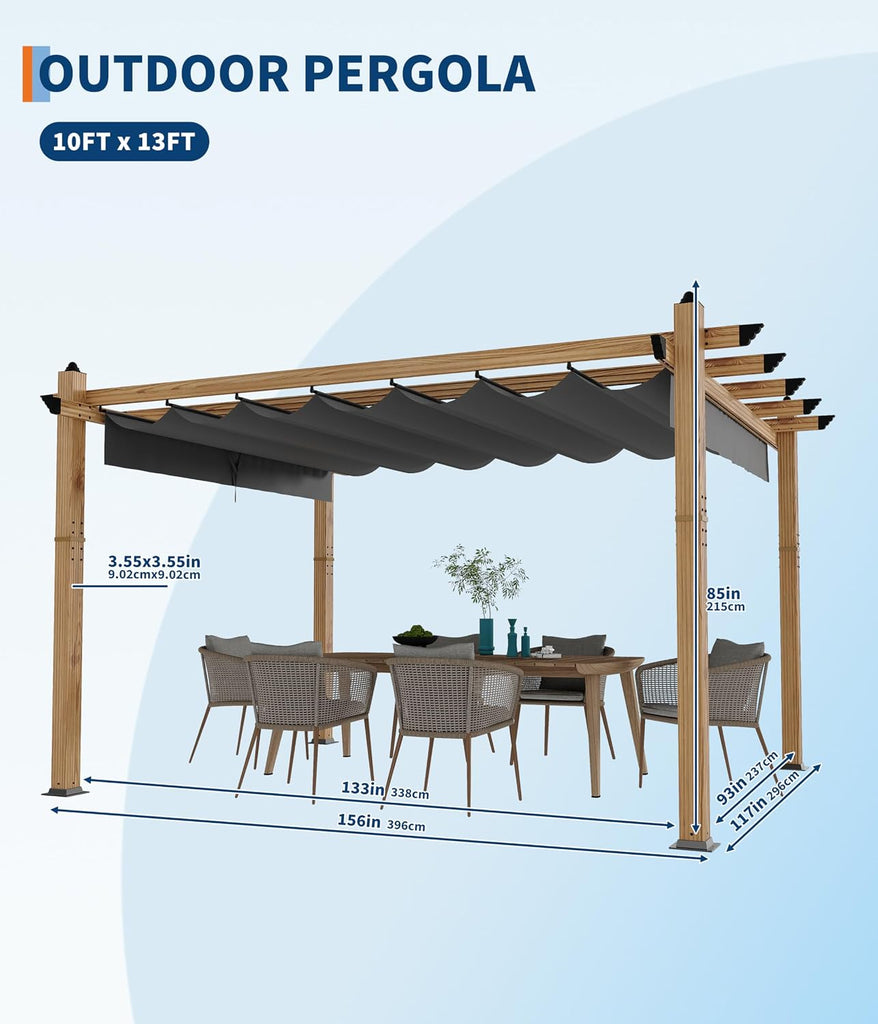 10 x 13 ft Wood-Grain Aluminum Pergola Outdoor Pergola with Retractable Canopy Sun Shade Shelter for Garden