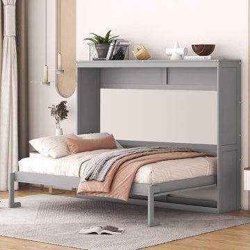Full Murphy Bed with Storage Shelf, Wood Murphy Bed Cabinet for Home Office Studio, Can Be Folded into a Cabinet, No