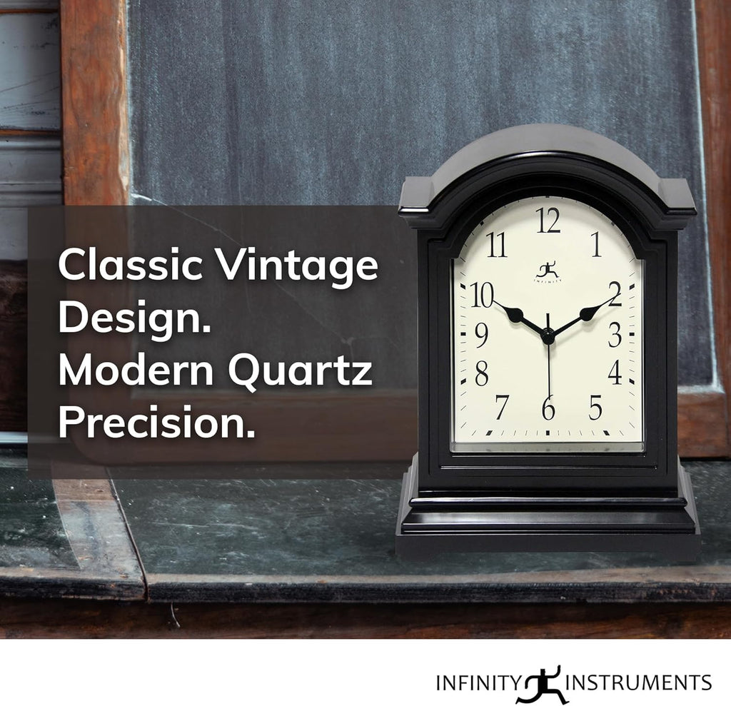 Infinity Instruments Miniature Grandfather Clock for Mantle, Vintage Tabletop Clock with Antique Design, 9"x6", Black