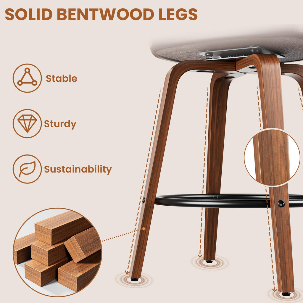 Bar Stools Set of 2, 26" Bentwood Counter Height Barstools, Brown