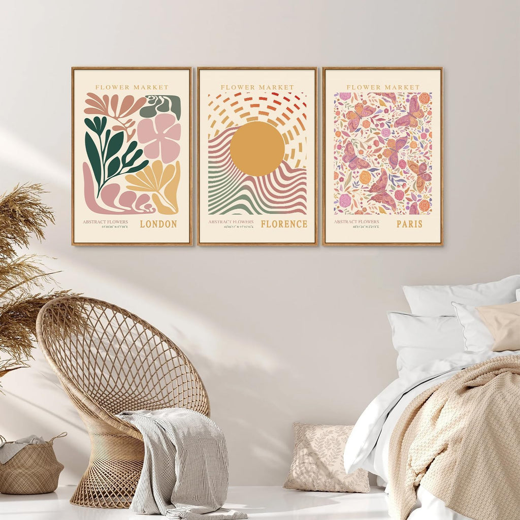 Boho Flower Market Framed Canvas Wall Art Set, Pink Beige Cute Butterfly Wall Decor, Colorful Abstract Floral Wall