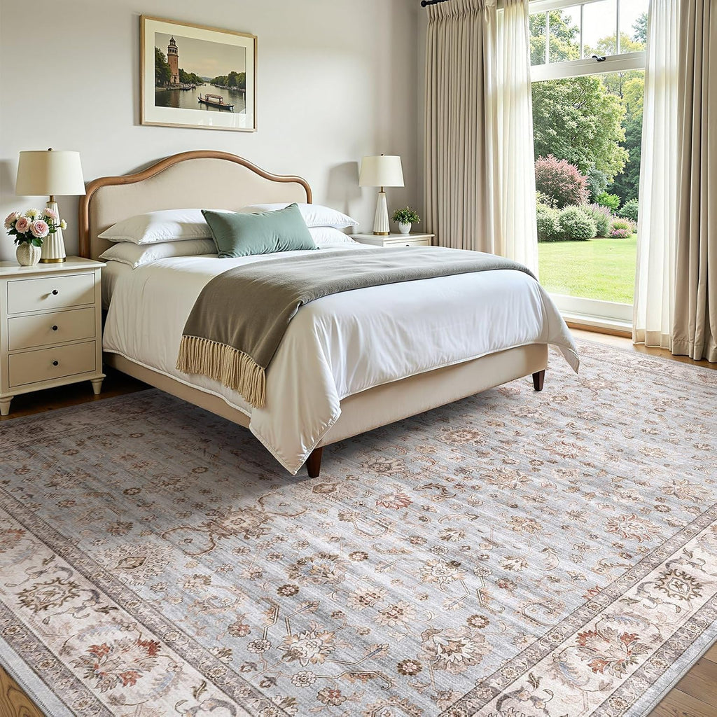Washable Area Rug 10x14 Non-Slip Floral Carpet, Gray/Light Blue