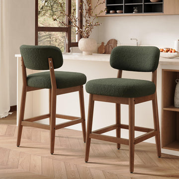 Counter Height Bar Stools Set of 2, Mid-Century Modern Boucle Bar Chairs with Solid Wood Frame, Fluffy Upholstered