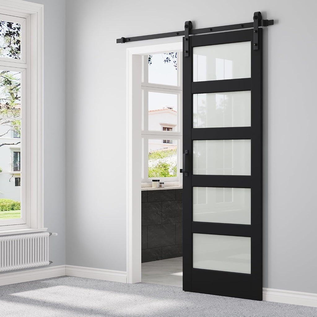 30" x 84" 5-Lites Frosted Glass Sliding Barn Door and Hardware Kit Included & 6FT Track & Handle, Ea