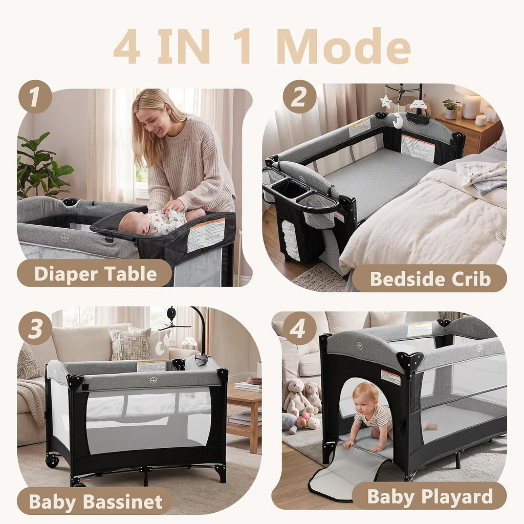 4 in 1 Portable Baby Playard, Baby Bedside Crib, Grey | Foldable Pack and Play w/Bassinet, Newborn Changing Table