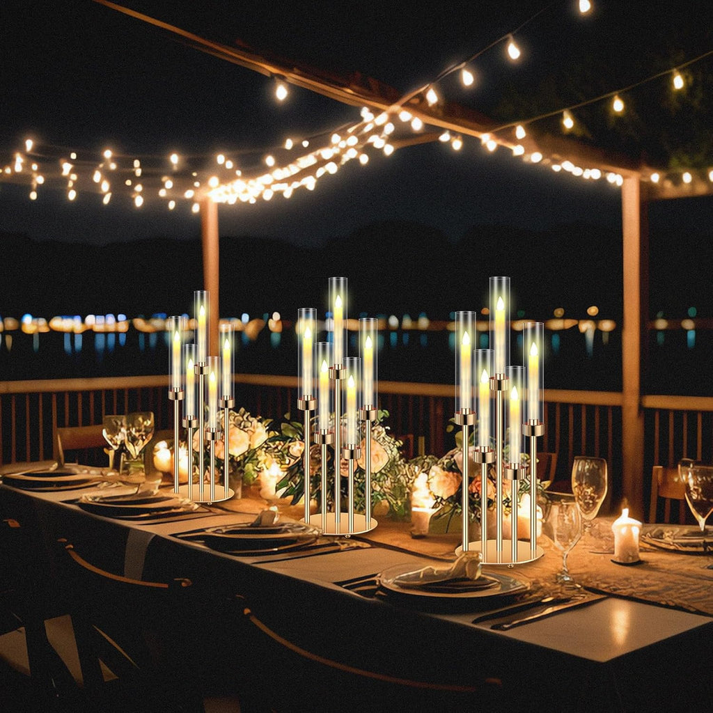 8 Set Gold Candelabra Centerpieces for Tables, 26.8 Inch 5 Arm Candle Holders with LED Candles and Acrylic Cylinders