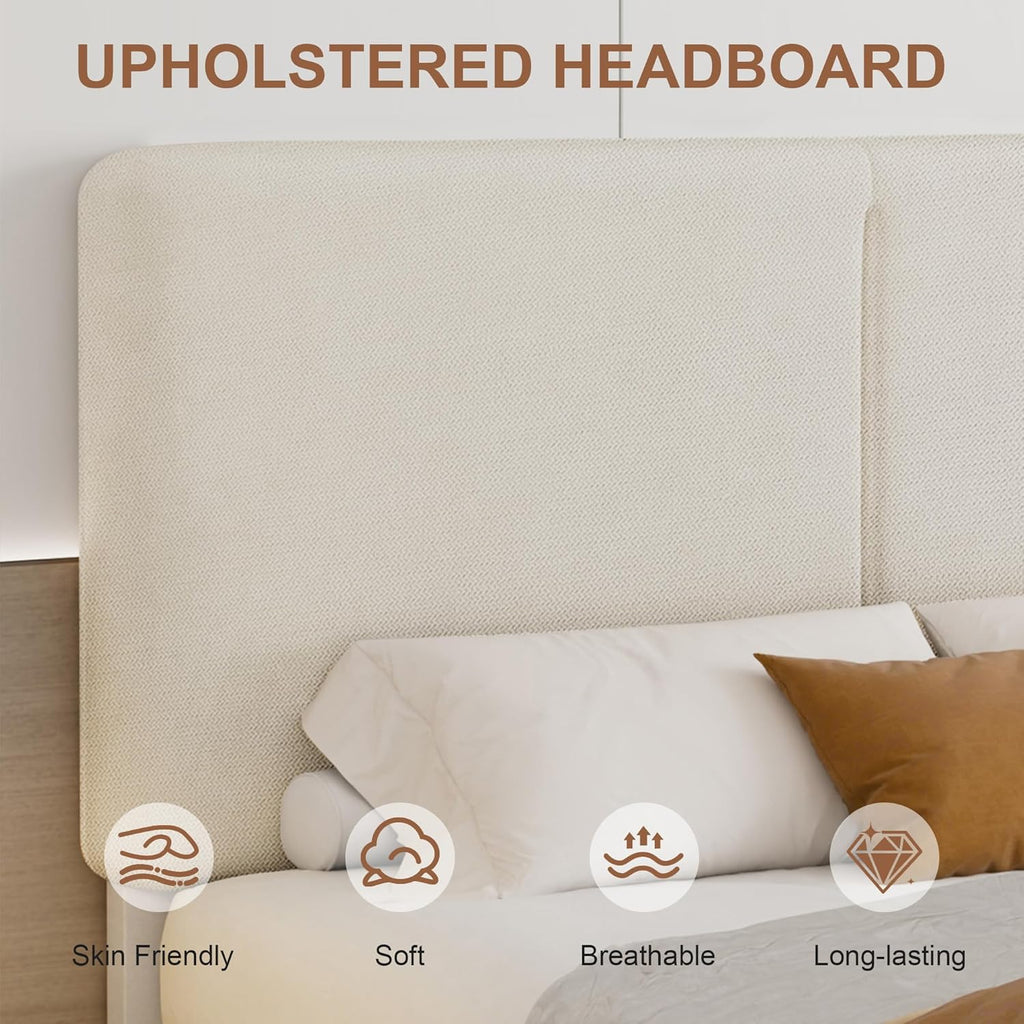 Queen Bed Frame Upholstered Platform Beds with Height-Adjustable Cotton and Linen Headboard, Heavy Duty Wood Slats