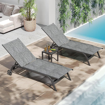 Aluminum Patio Lounge Chairs Set of 3 for Outside Poolside Chaise Chair | with Coffee Table 5 Adjustable Position