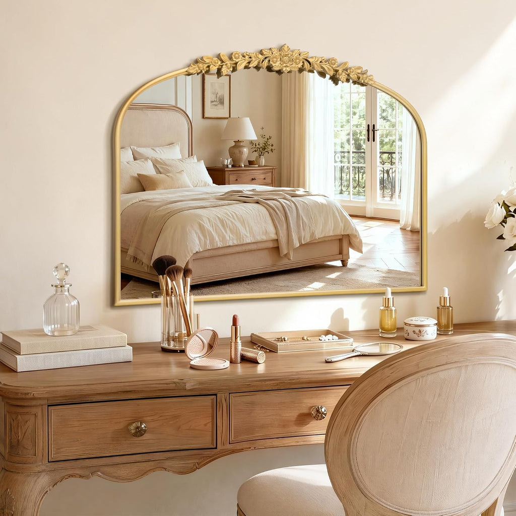 Vintage Gold Arched Mirror: 32"x24" French Baroque Antique Mirror, Traditional Ornate Decorative for